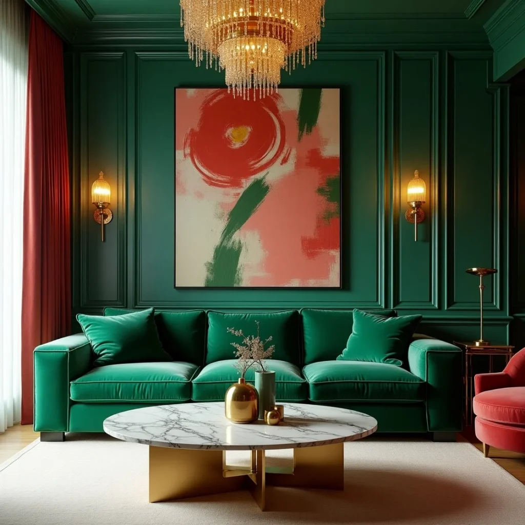 Loud luxury interior design featuring bold colors, velvet furniture, gold accents, statement decor, rich textures, and Art Deco-inspired home styling