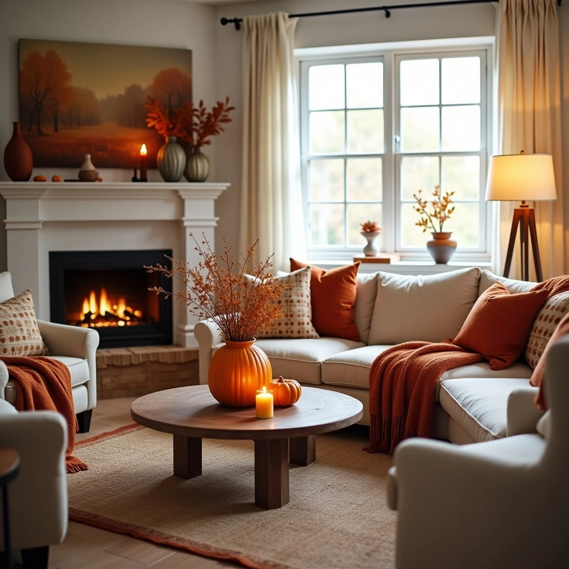 a cozy autumn living room decorated with warm fall